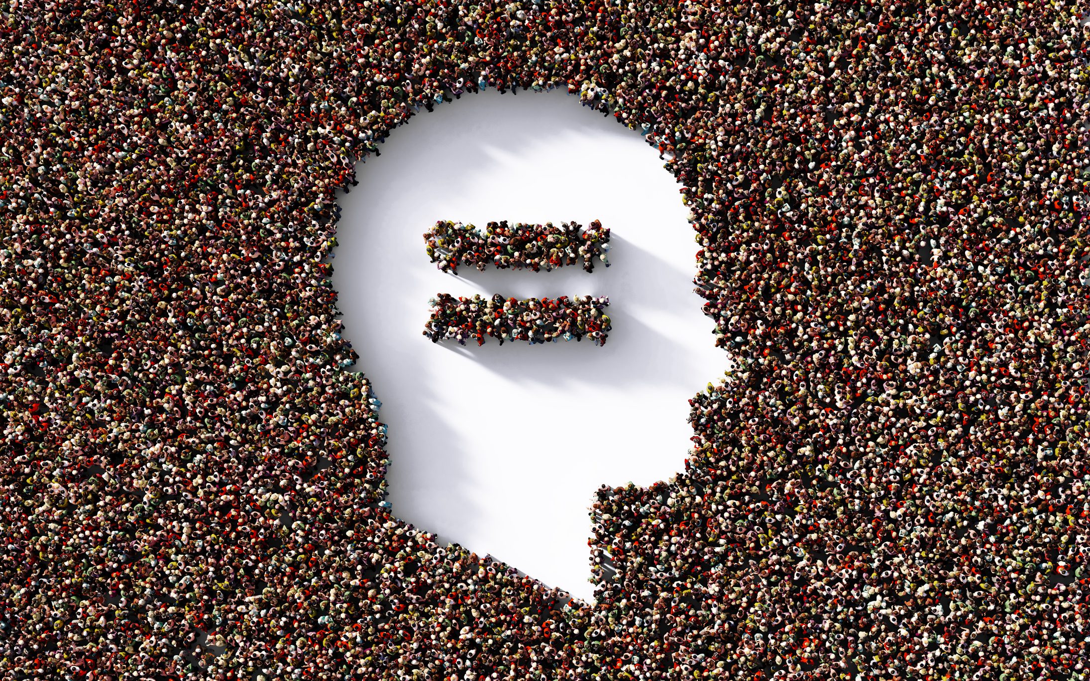 Human Head and Equal Sign Formed by Human Crowd on White Background