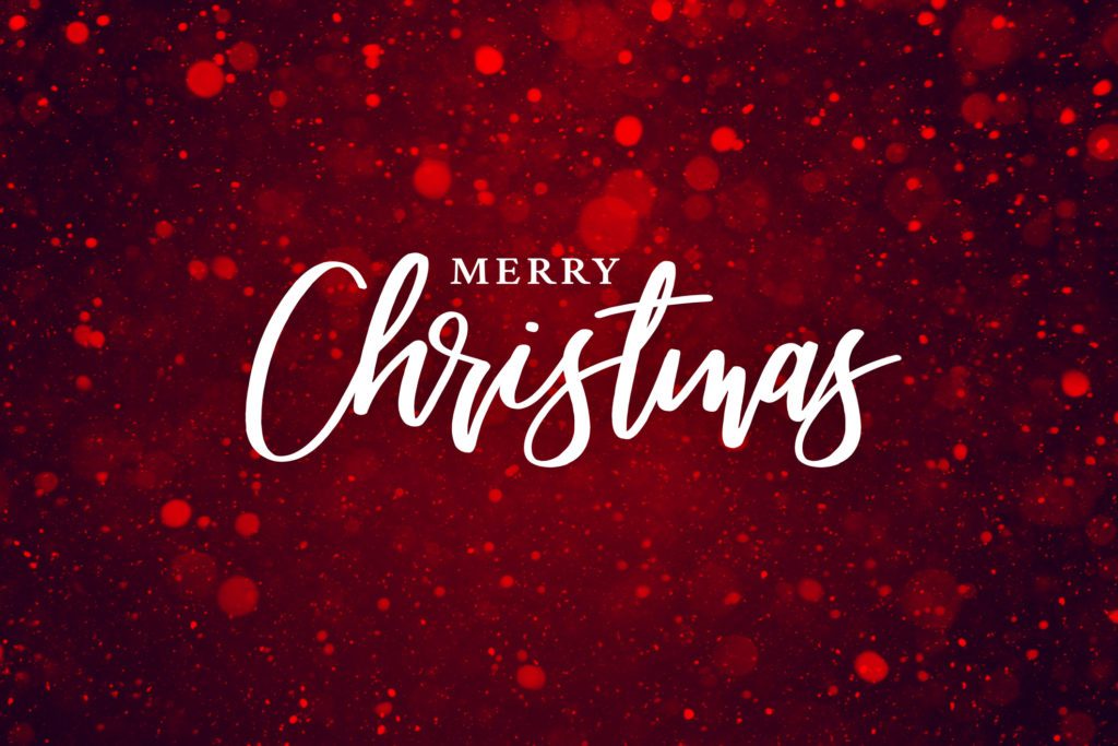 Merry Christmas Text Over Red Glitter Snow Particle Background