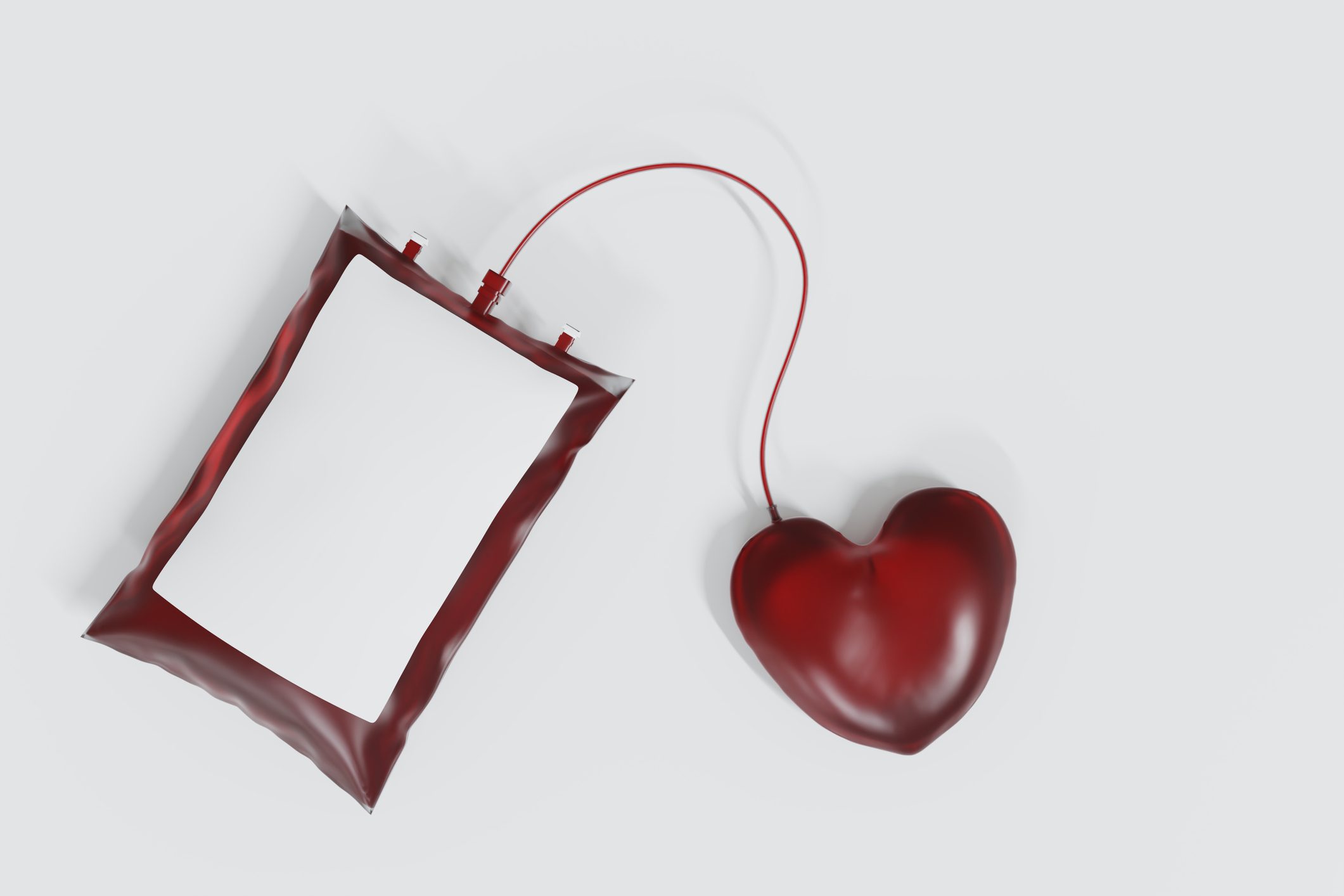 Give blood concept. Health heart, and blood donation. Red heart with blood transfusion in bag on white background. 3d render