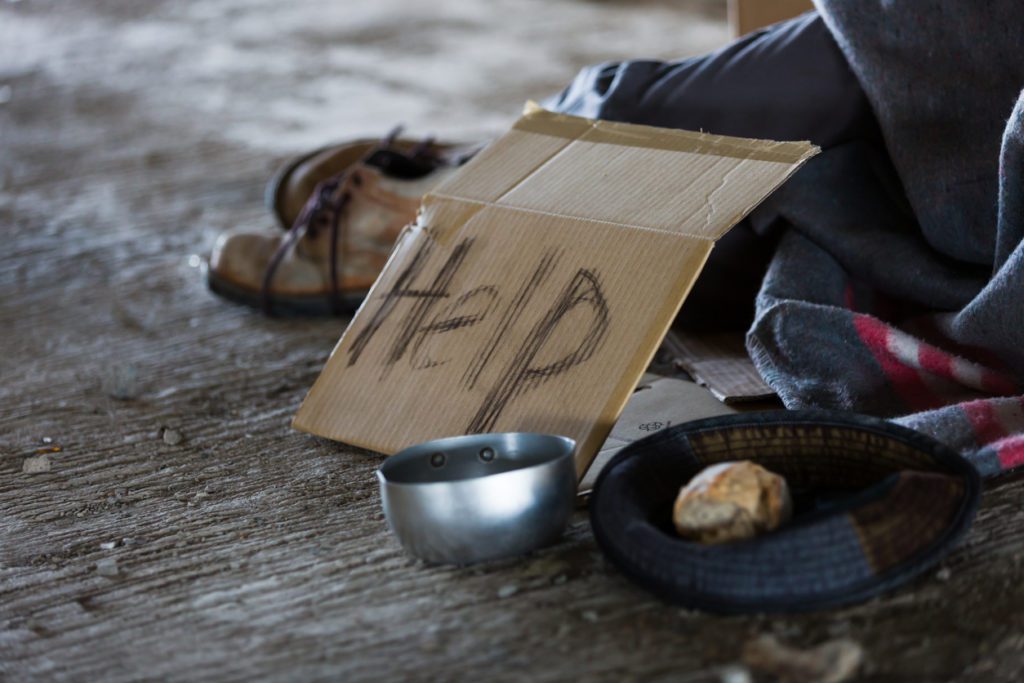 Dallas Homeless or Vagrant: person sitting with "Help" sign and a bowl.