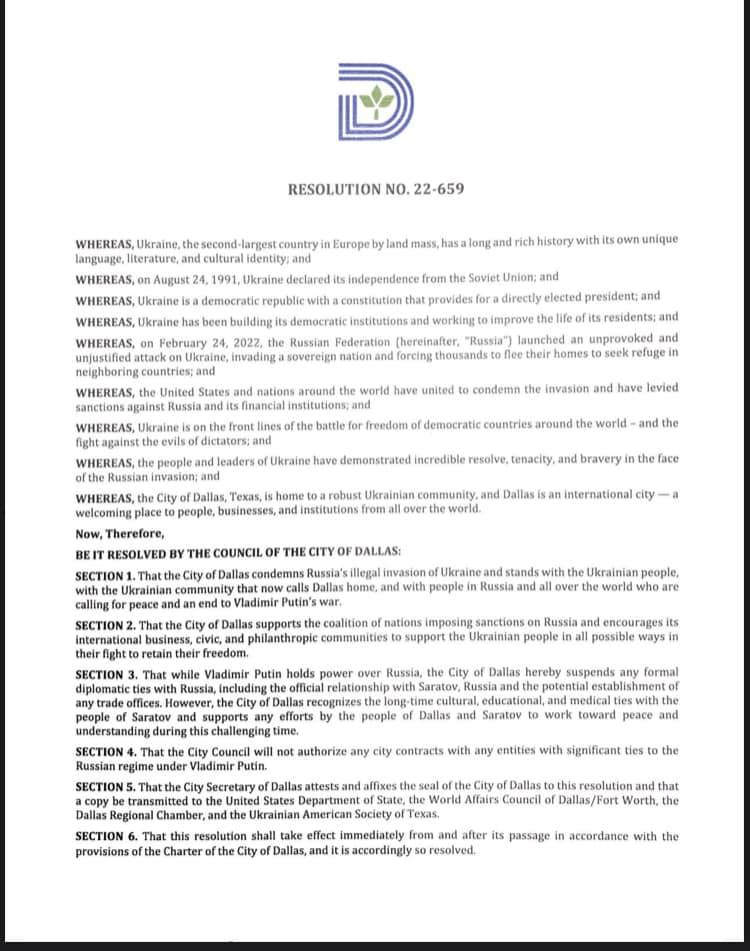 City of Dallas Resolution No 22-659 shared with Ukraine Consul General