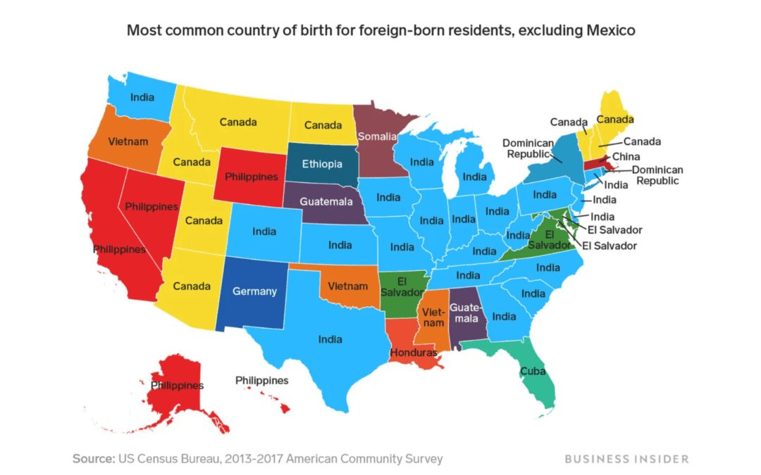 El mapa muestra los grupos de inmigrantes más grandes de los estados por país de origen