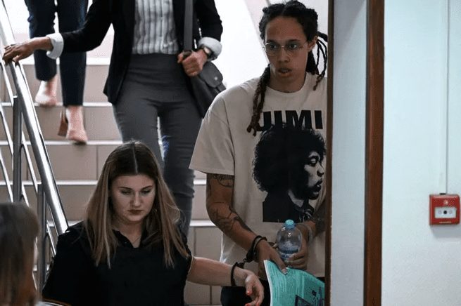 Brittney Griner arrives at a hearing at the Khimki Court on July 1, 2022.