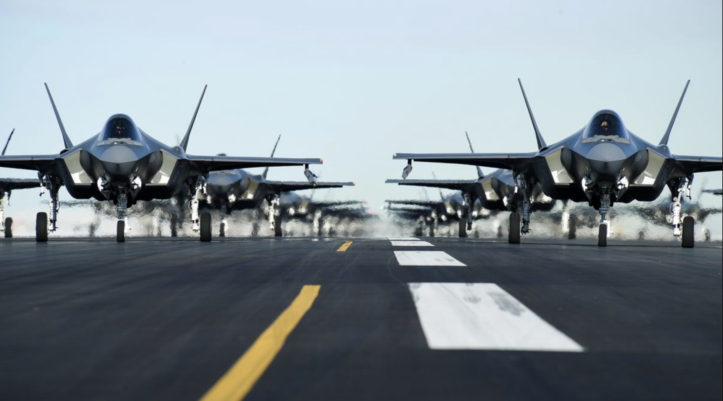 U.S. Air Force F-35A aircraft, from the 388th and 428th Fighter Wings, form up in an "elephant walk" during an exercise at Hill Air Force Base, Utah