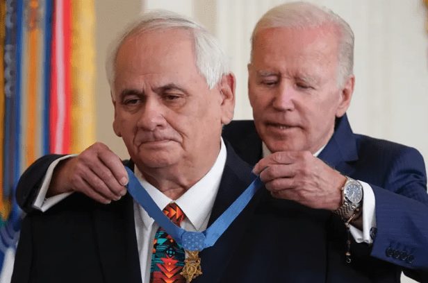 President Joe Biden awards the Medal of Honor to Spc. Dwight Birdwell for his actions on Jan. 31, 1968