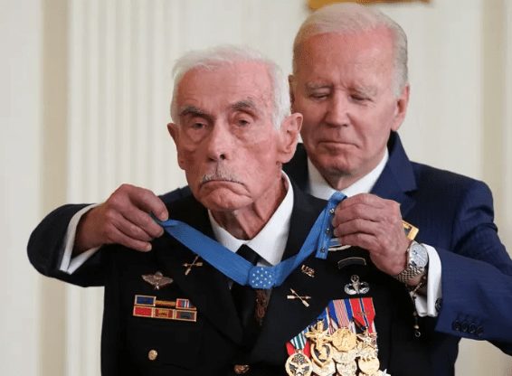 President Joe Biden awards the Medal of Honor to retired Maj. John Duffy for his actions on April 14-15 1972