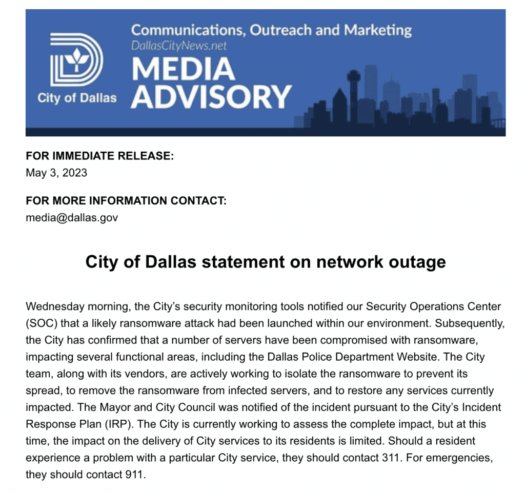 City of Dallas statement on network outage