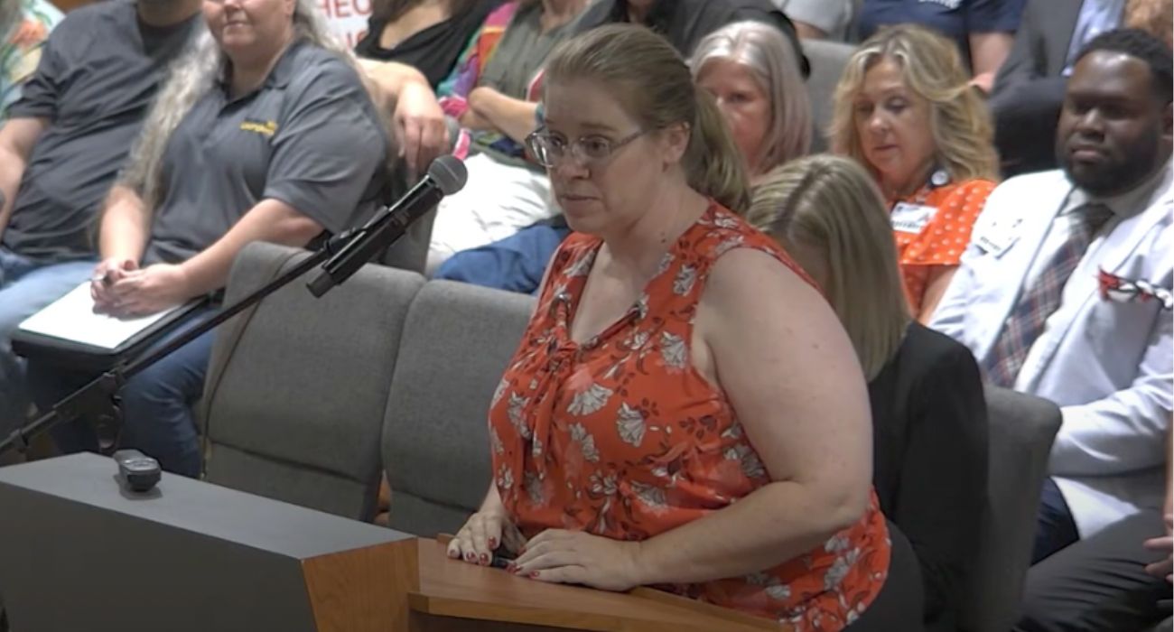 Theresa Newman speaking at the Conroe ISD school board meeting