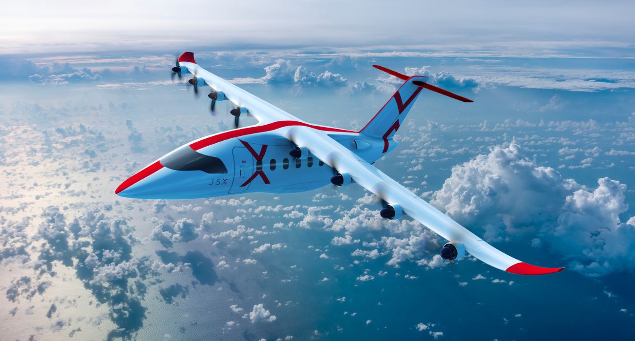 Rendering of the Aura Aero Era 19-seat hybrid-electric aircraft in JSX livery