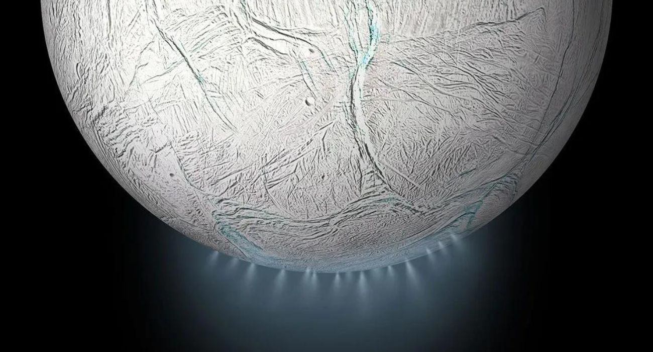 Rendering shows ice plumes being ejected from Saturn's moon Enceladus.