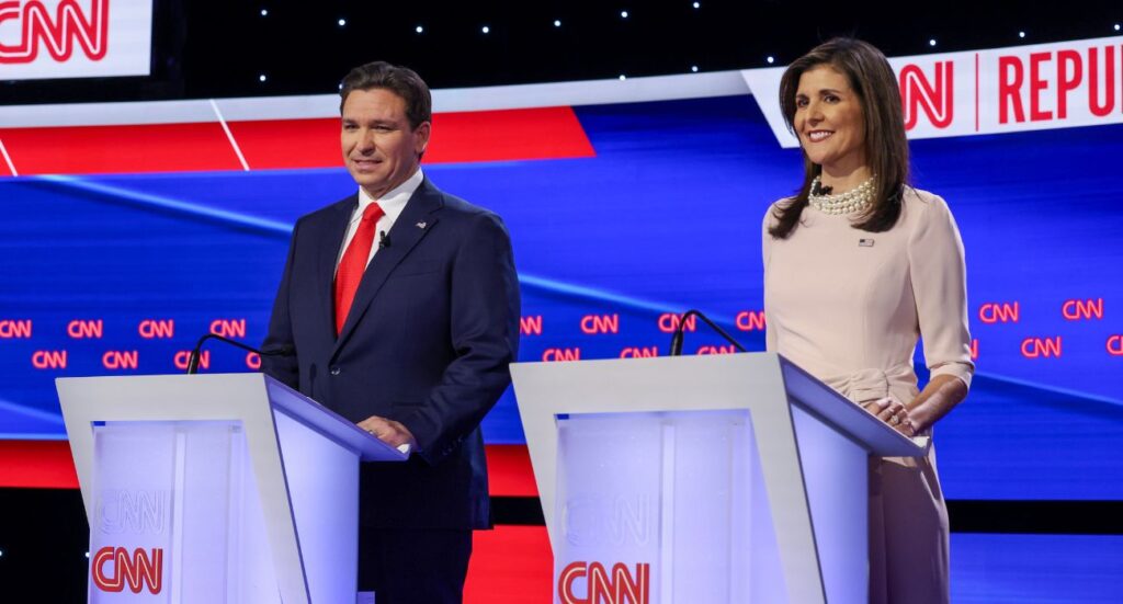 Republican presidential candidates Florida Gov. Ron DeSantis and former U.N. Ambassador Nikki Haley participate in the CNN Republican Presidential Primary Debate in Sheslow Auditorium at Drake University on January 10, 2024 in Des Moines, Iowa.