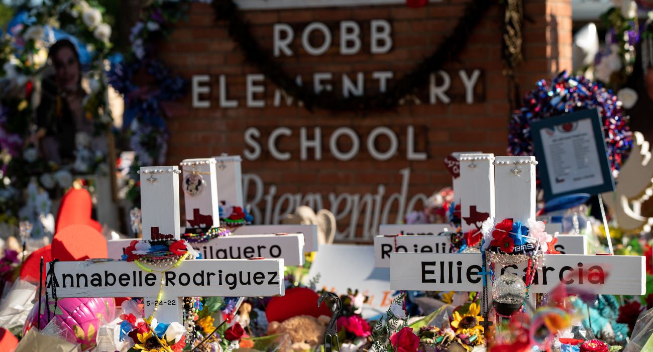 Memorial at Robb Elementary School dedicated to the victims of the school shooting in Uvalde, Texas.