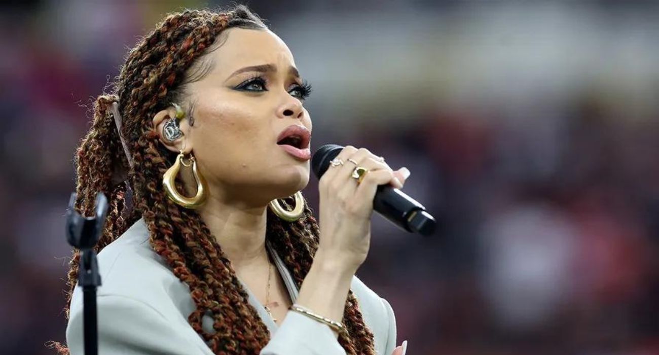 Andra Day performs "Lift Every Voice and Sing" at Super Bowl LVIII.