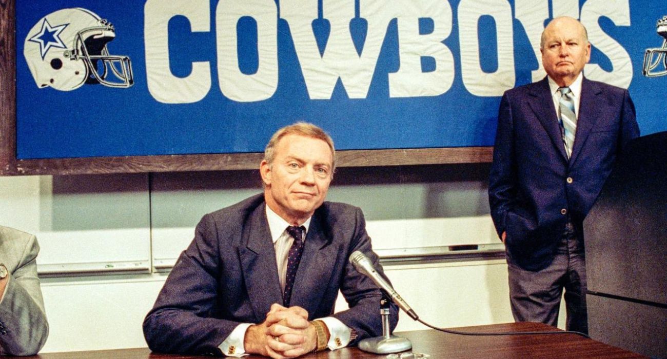 Jerry Jones sits at a news conference after purchasing the Dallas Cowboys in 1989.