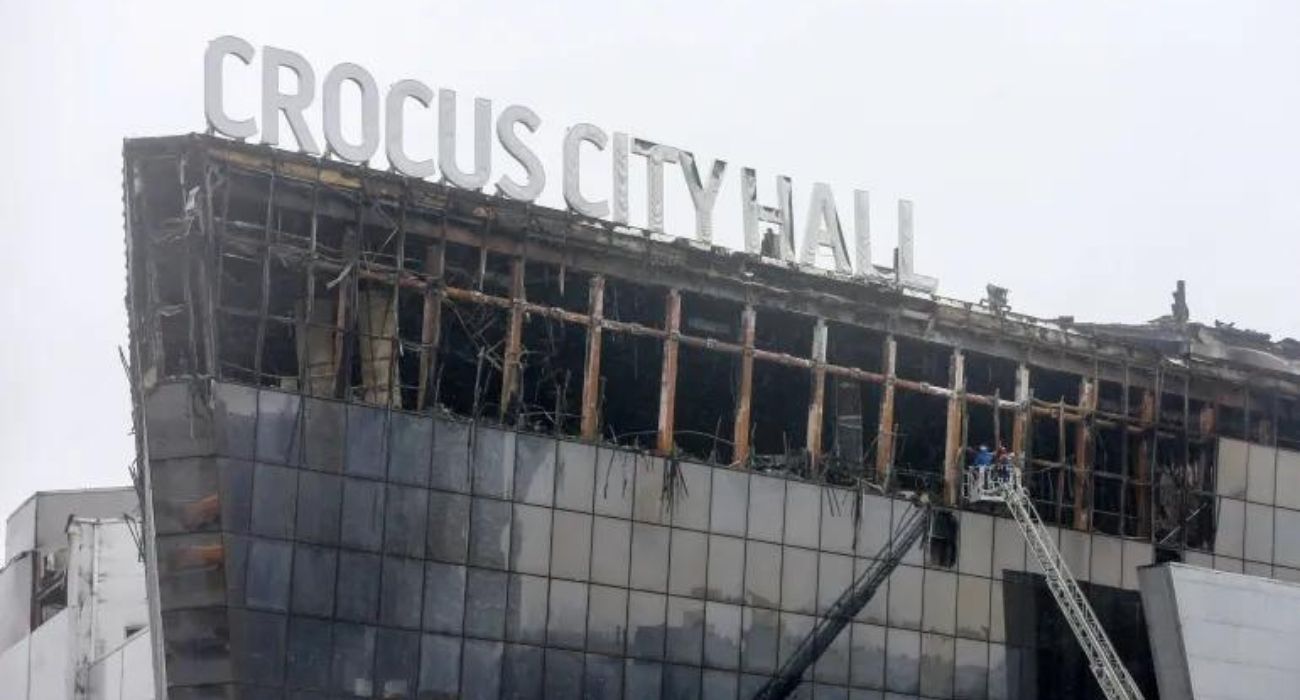 The burned facade of the Crocus City Hall concert venue
