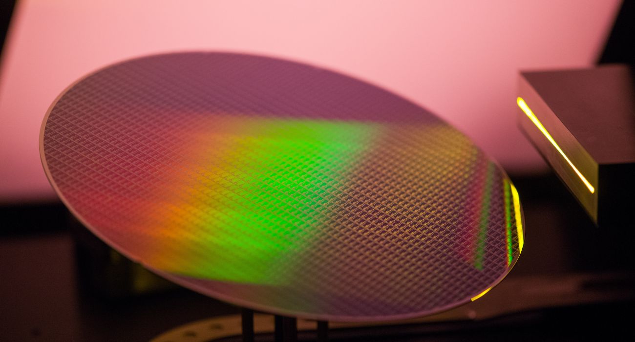 A 200mm silicon semiconductor wafer.