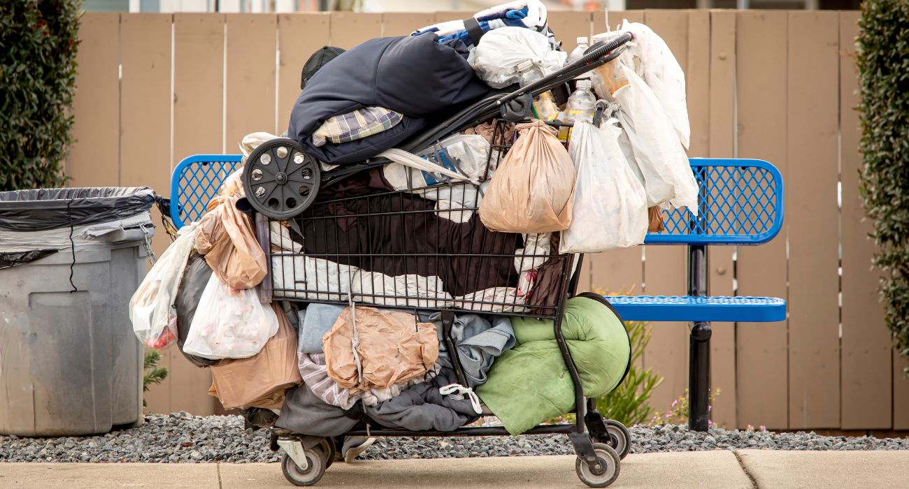 Homeless belongings in a shopping cart