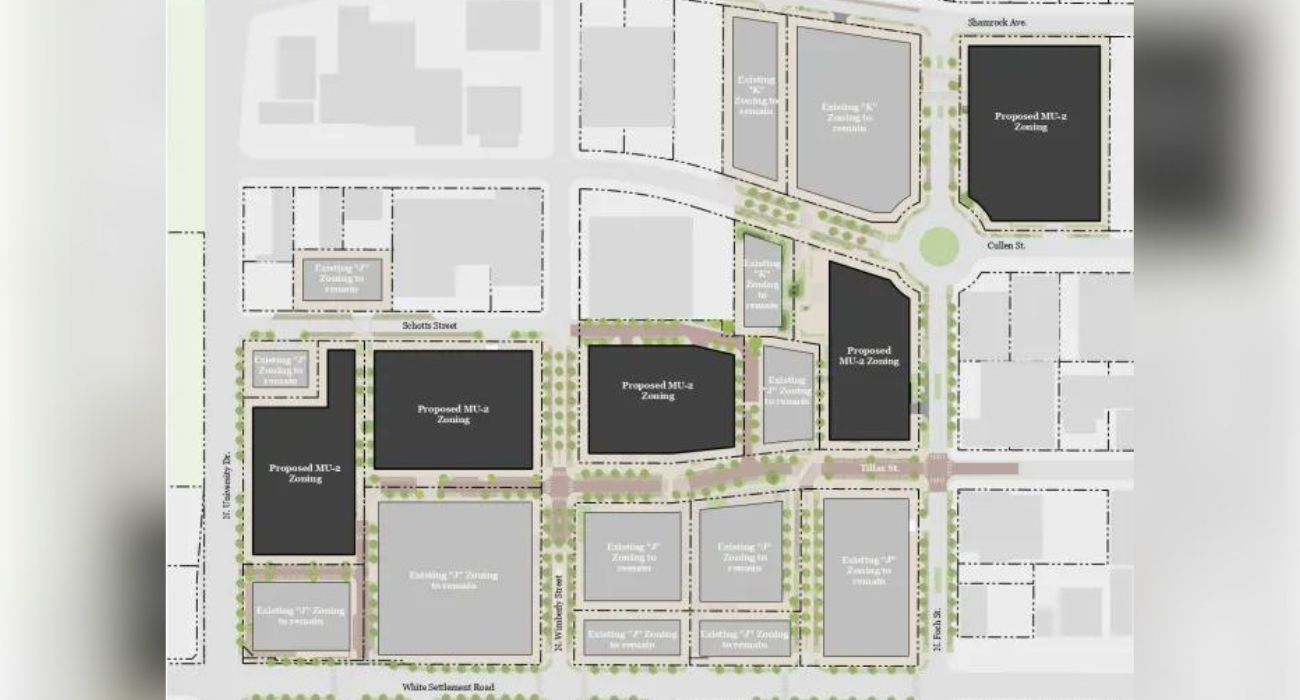 Five parcels from requested to be rezoned from industrial to mixed-use as part of the $850 million project planned | Image by Michael Hsu Office of Architecture/City of Fort Worth