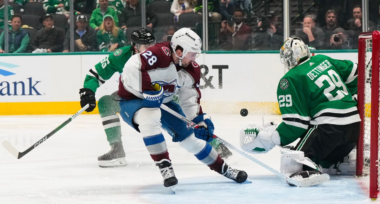 Miles Wood #28 of the Colorado Avalanche shoots the puck against Jake Oettinger #29 of the Dallas Stars | Image by Sam Hodde/Getty Images