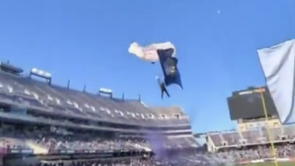 Parachuter Caught In Goalpost Netting During Armed Forces Bowl Pregame Stunt