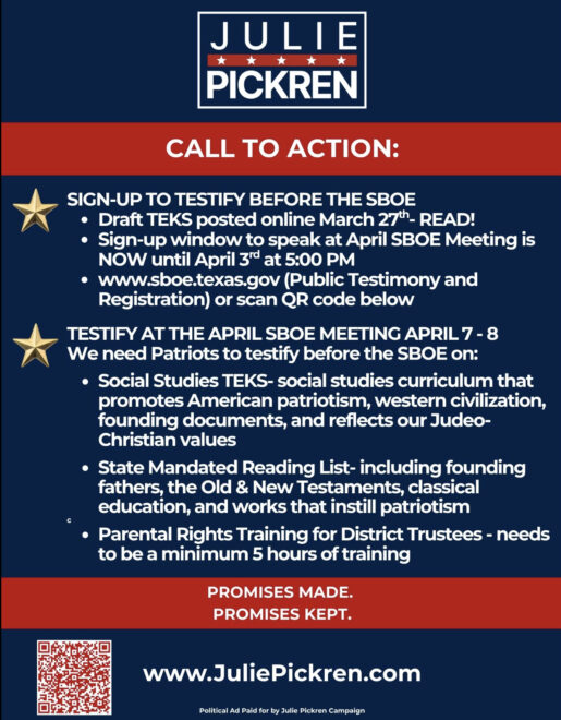Screenshot of Julie Pickren&rsquo;s call for supporters to register for SBOE public testimony in April 2026