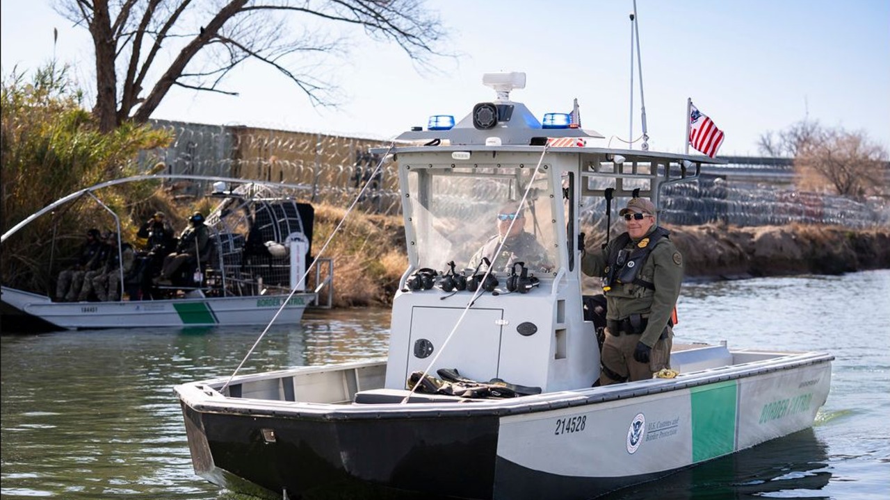 U.S. Border Patrol officers aboard patrol boats on the Rio Grande in Eagle Pass, Texas.