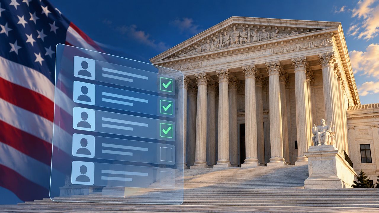 Illustration of the U.S. Supreme Court with an American flag and digital voter-record check marks.
