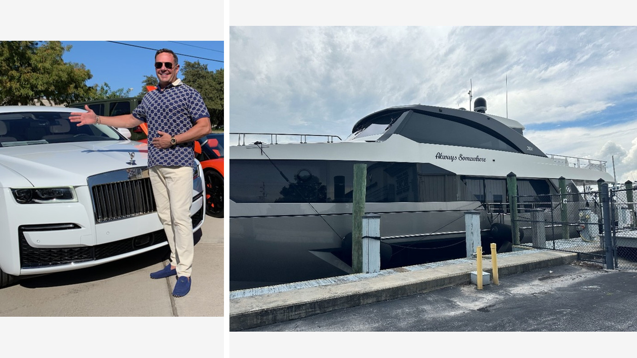 DOJ photographs showing Duncan John MacDonald beside a white Rolls-Royce Ghost and a yacht that federal prosecutors linked to alleged misuse of investor funds.